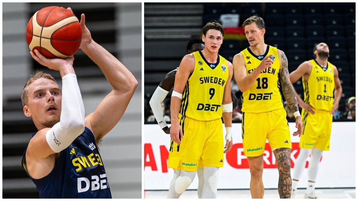 Ludvig Håkansson, Pelle Larsson och Viktor Gaddefors som alla spelar i basket-EM 2025