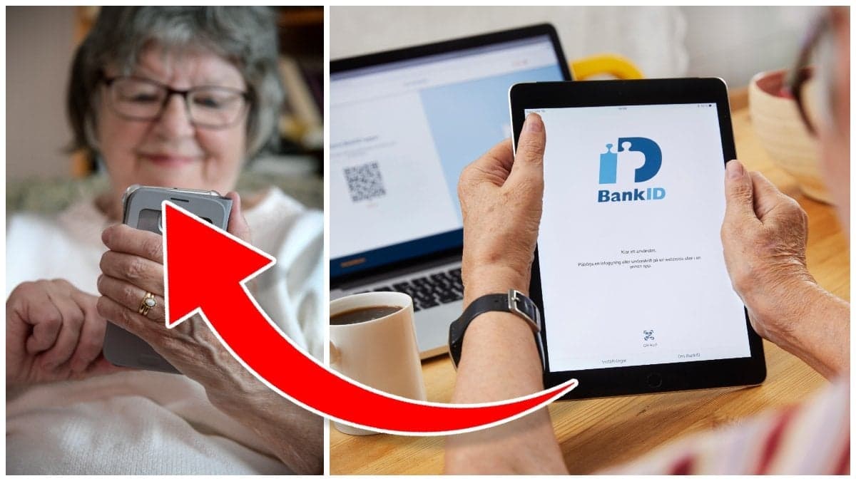 Äldre kvinna med mobiltelefon och en surfplatta med BankID-appen