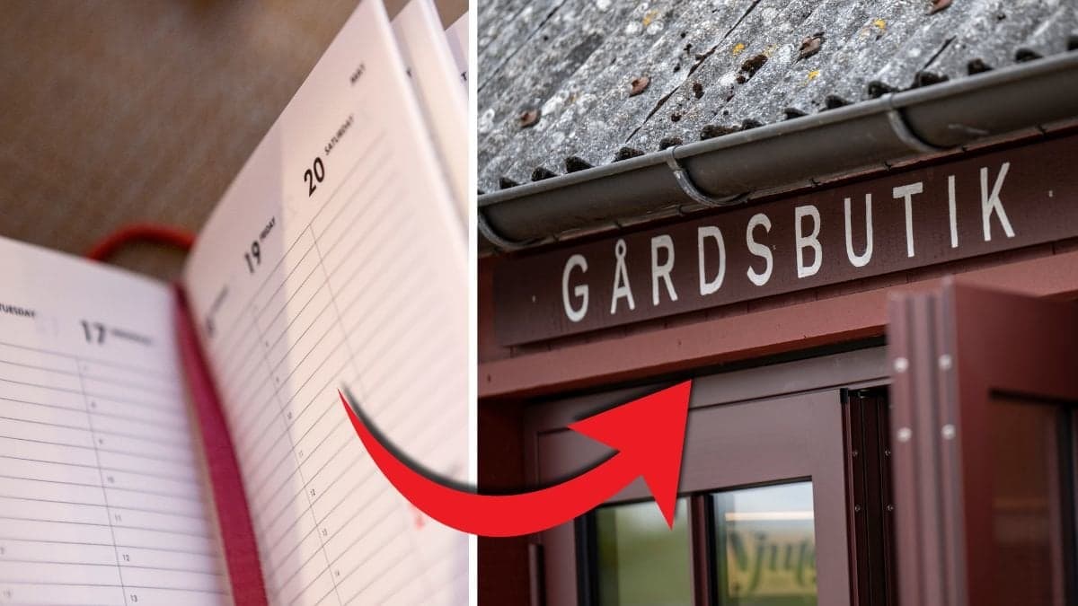 Kalender till vänster. Gårdsbutik skylt till höger. Råd pil pekar från kalendern till gårdsbutiken. 