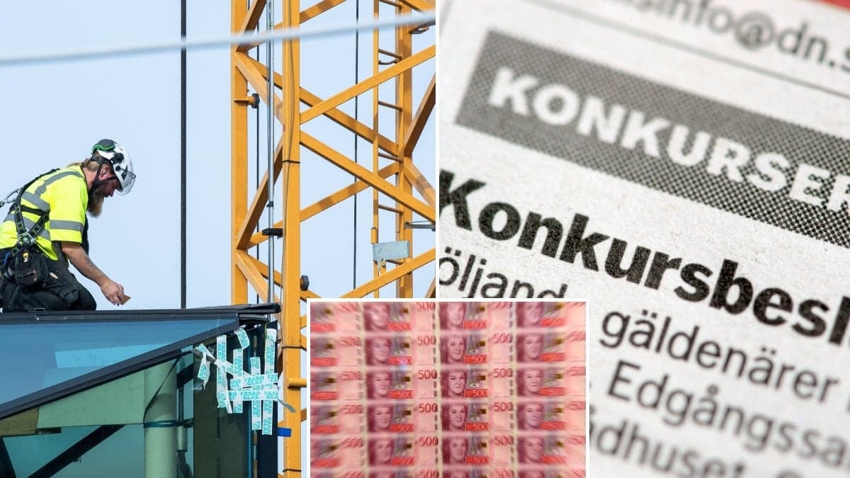En hantverkare som arbetar på ett tak och en annons i tidning om konkursbeslut.