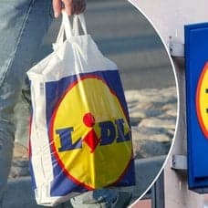 Bilder på en Lidl-kasse och en Lidl-skylt.