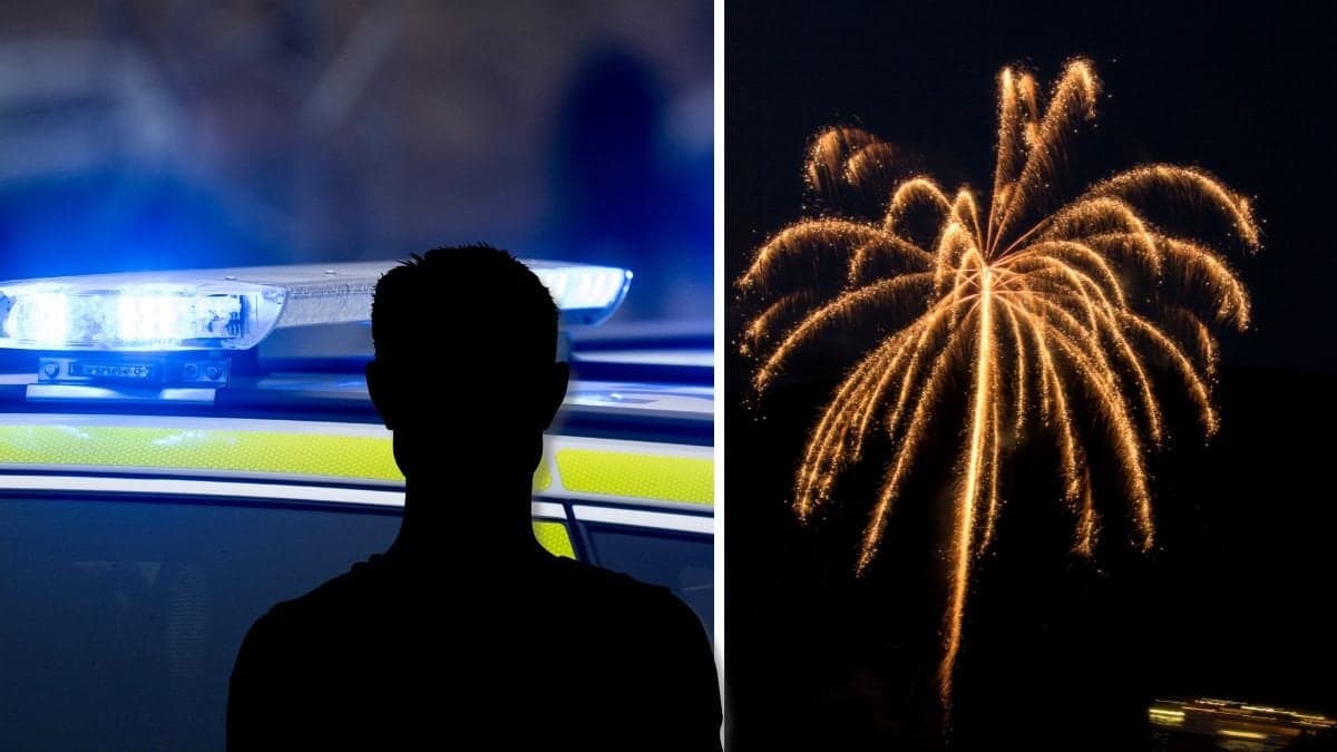 Blåljus vänster, svart siluett av man till vänster. Fyverkerier höger.