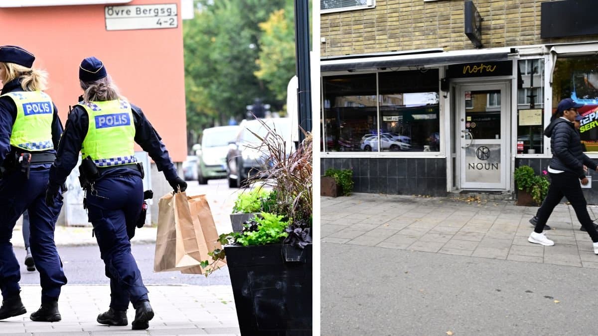 Poliser i gävle efter skjutningen vänster. Gatan där skjutningen hände höger.