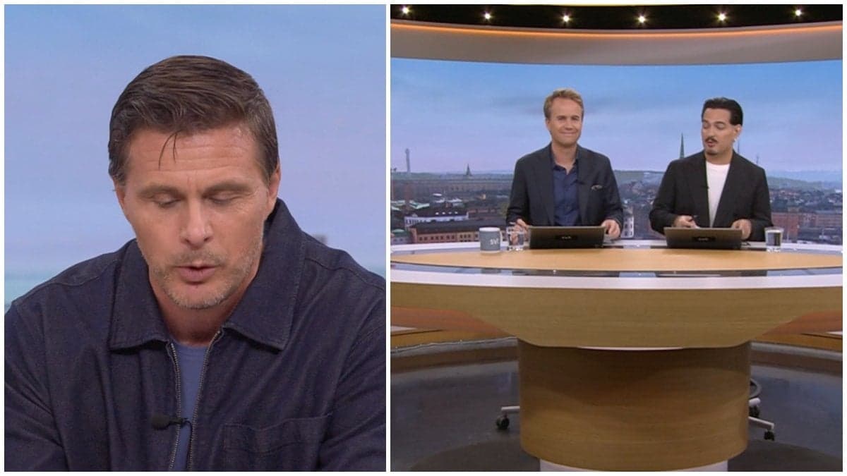 En programledare som tittar ner och två programledare i SVT:s Morgonstudion.