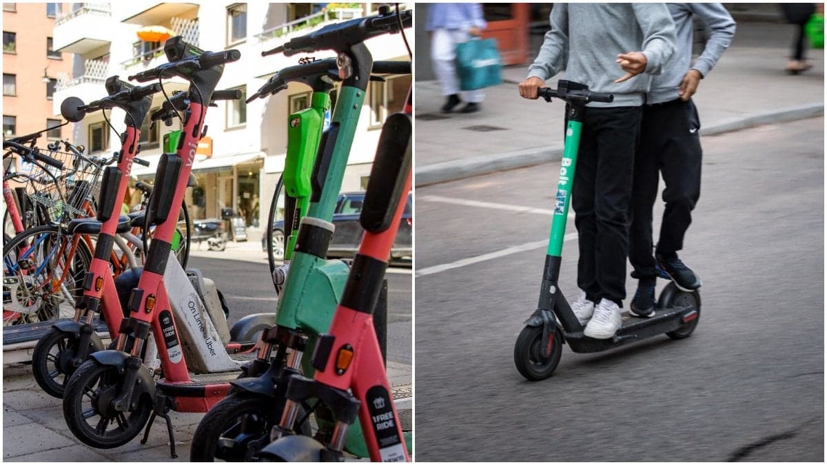 Elsparkcyklar i Stockholm och två pojkar som åker elsparkcykel