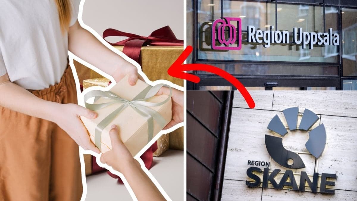 Händer ger över en present till en annan till vänster. Skyltar på region Skåne och region Uppsala till höger. En röd pil pekar på skyltarna till presentutdelningen till vänster.