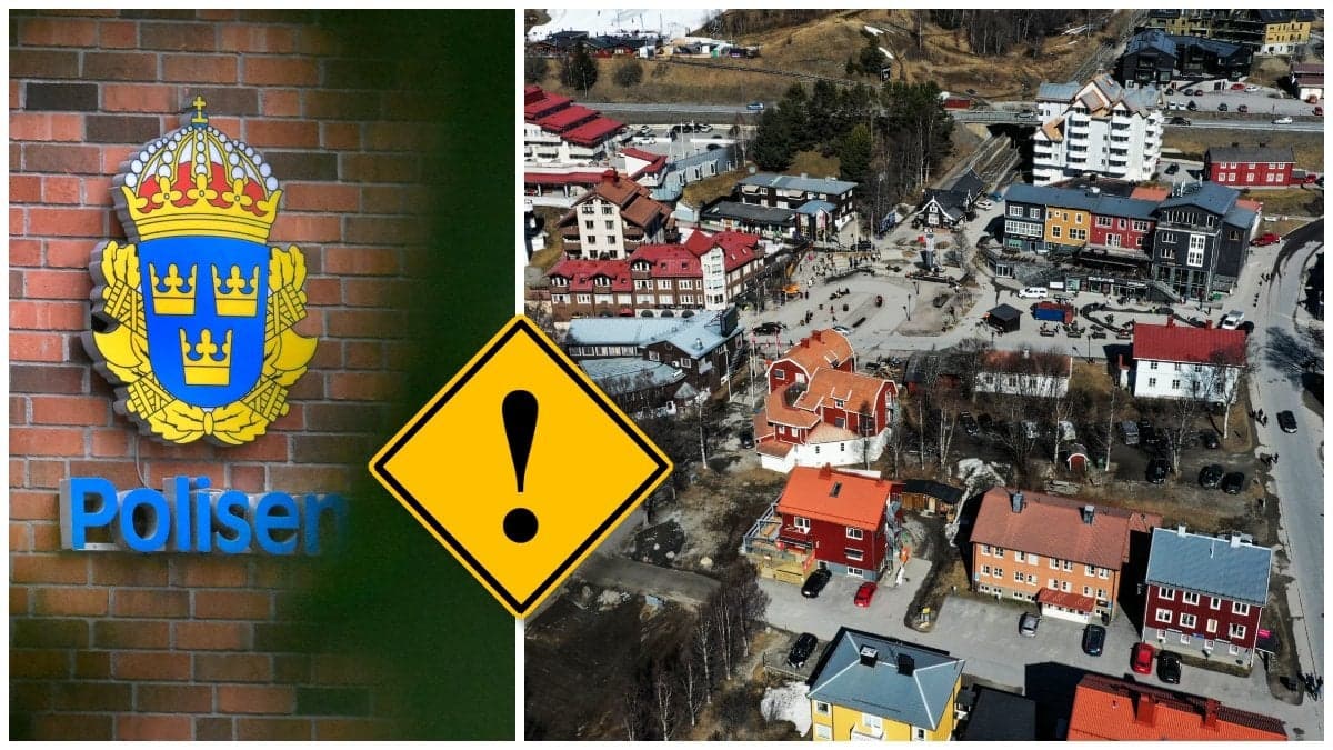 Polisens skylt på en fasad och en bild på Åre