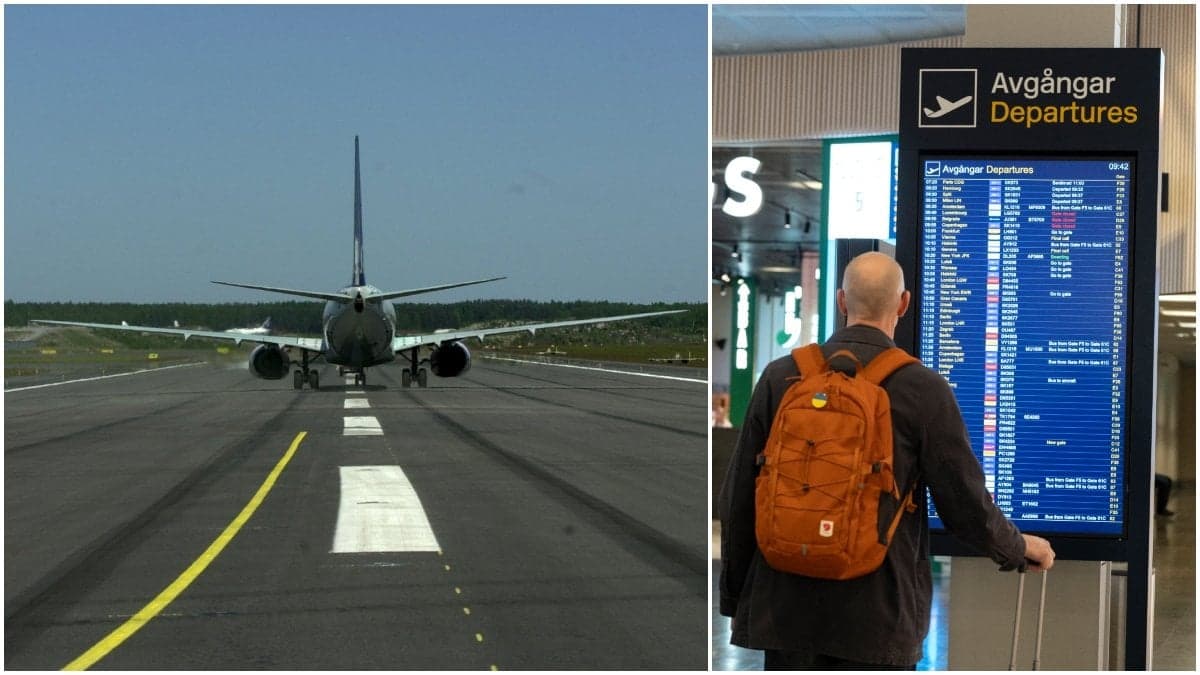 Flygplan på landningsbanan och man som kollar avgångar på Arlanda