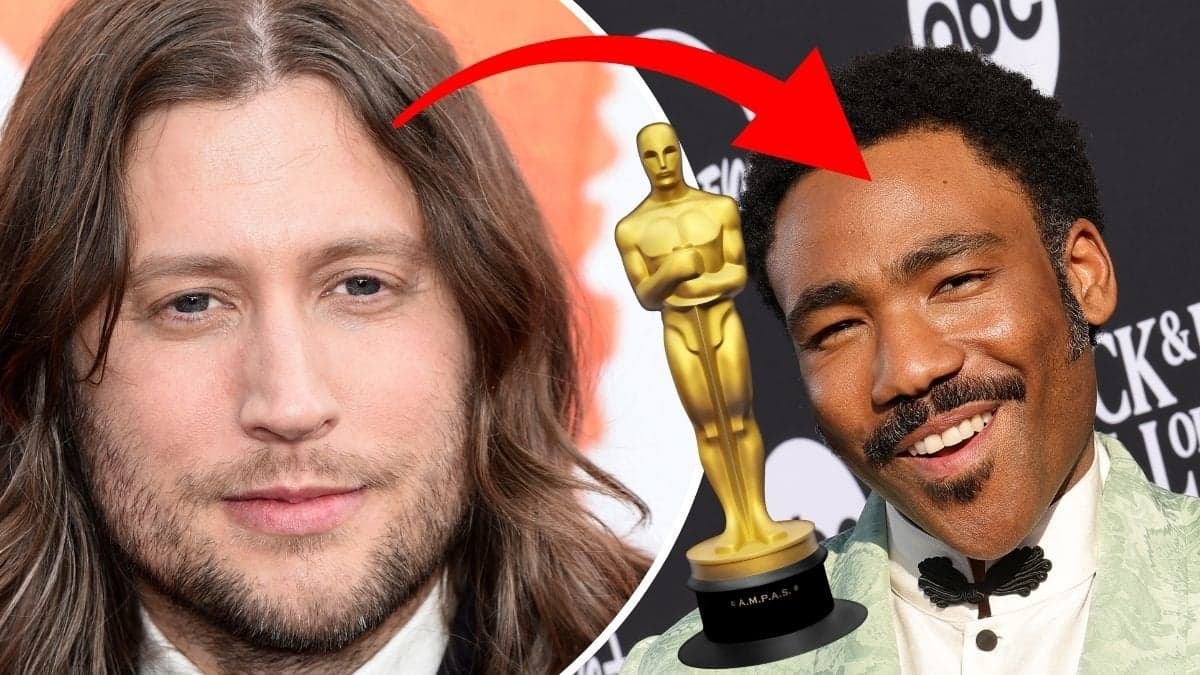 Ludwig Göransson vänster. Donald Glover höger. Oscarspris i mitten.