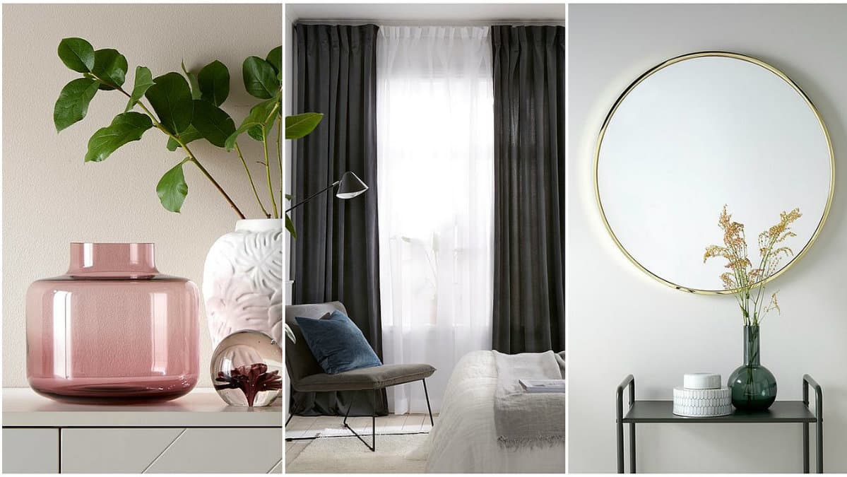 Rosa kruka, gardiner, rund spegel