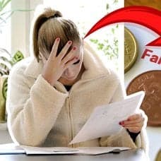 Kvinna med räkning i handen och huvudet i andra handen vänster. Elräkning täckt av mynt höger.