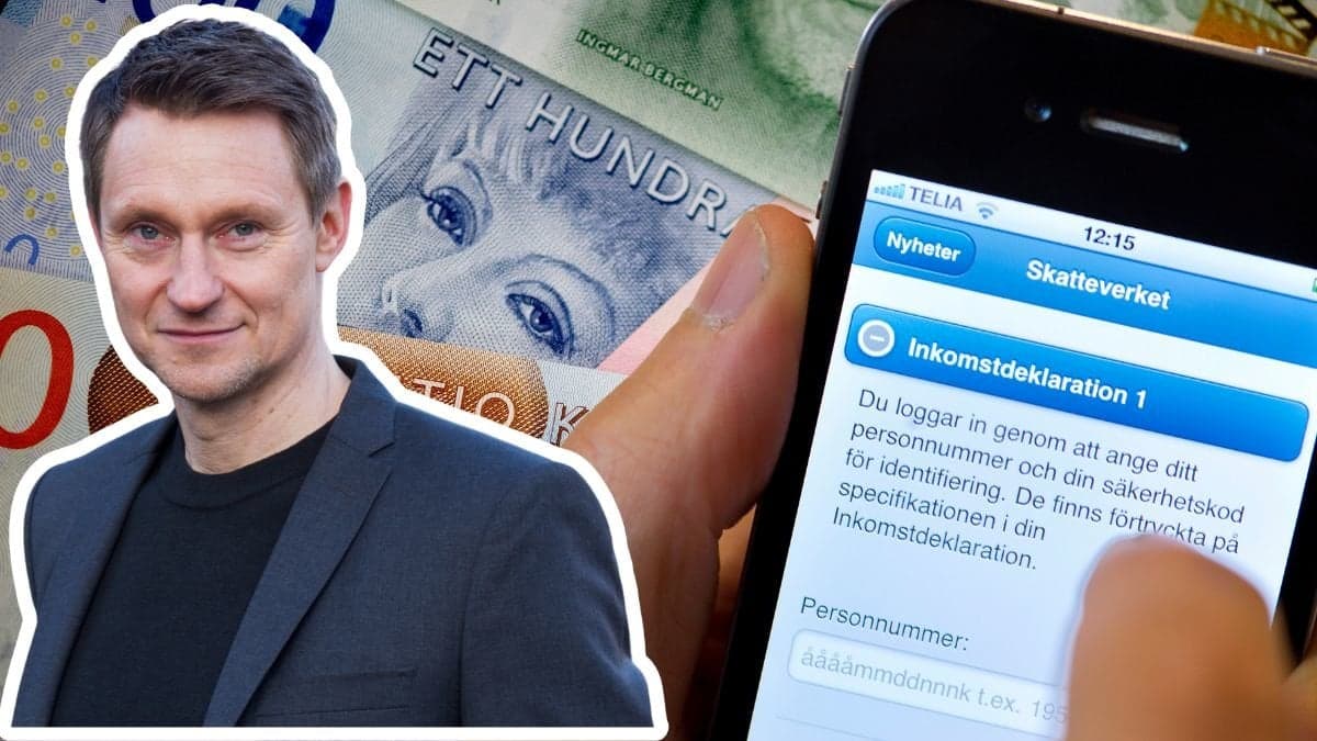 Skatteverkets Johan Schaumann, pengar och en mobil i vilken inkomstdeklarationen syns.