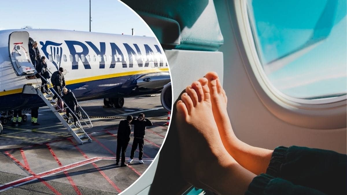 Bilder på fötter och ett flygplan.