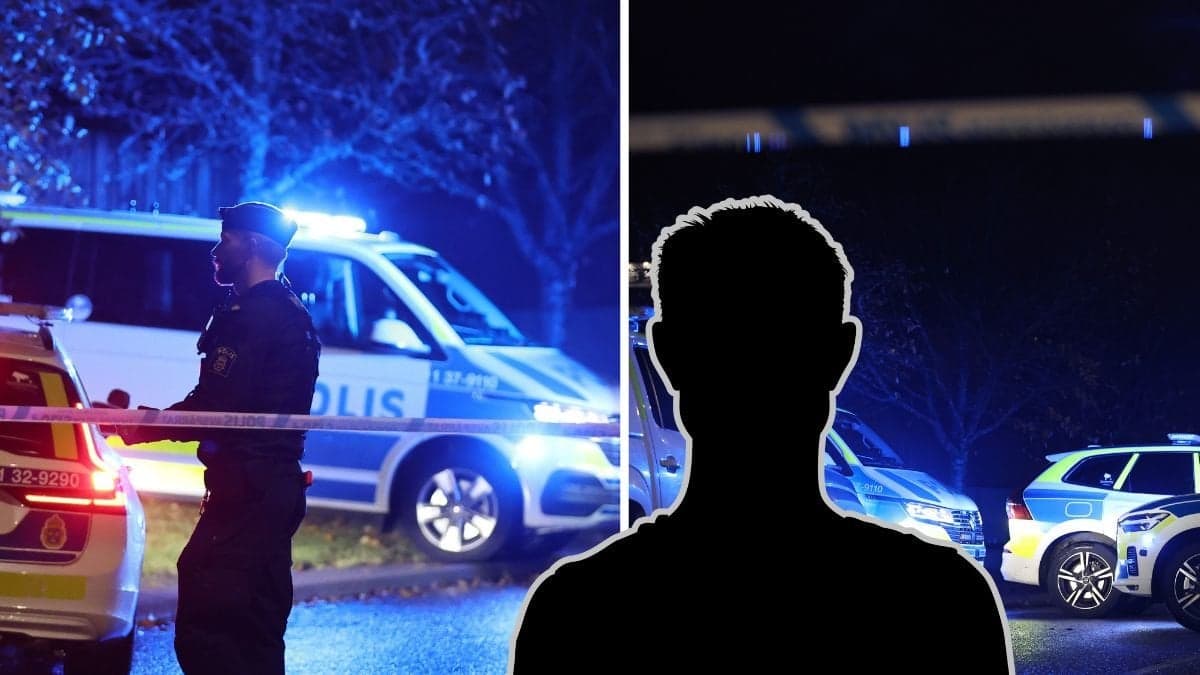 Blåljus och polis till vänster i Södertälje. Blåljus i Södertälje till höger. Manlig siluett i mitten av bilden.