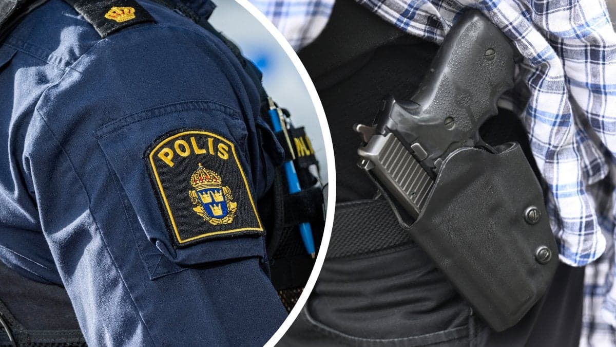 Polis vänster. Polis med pistol höger.