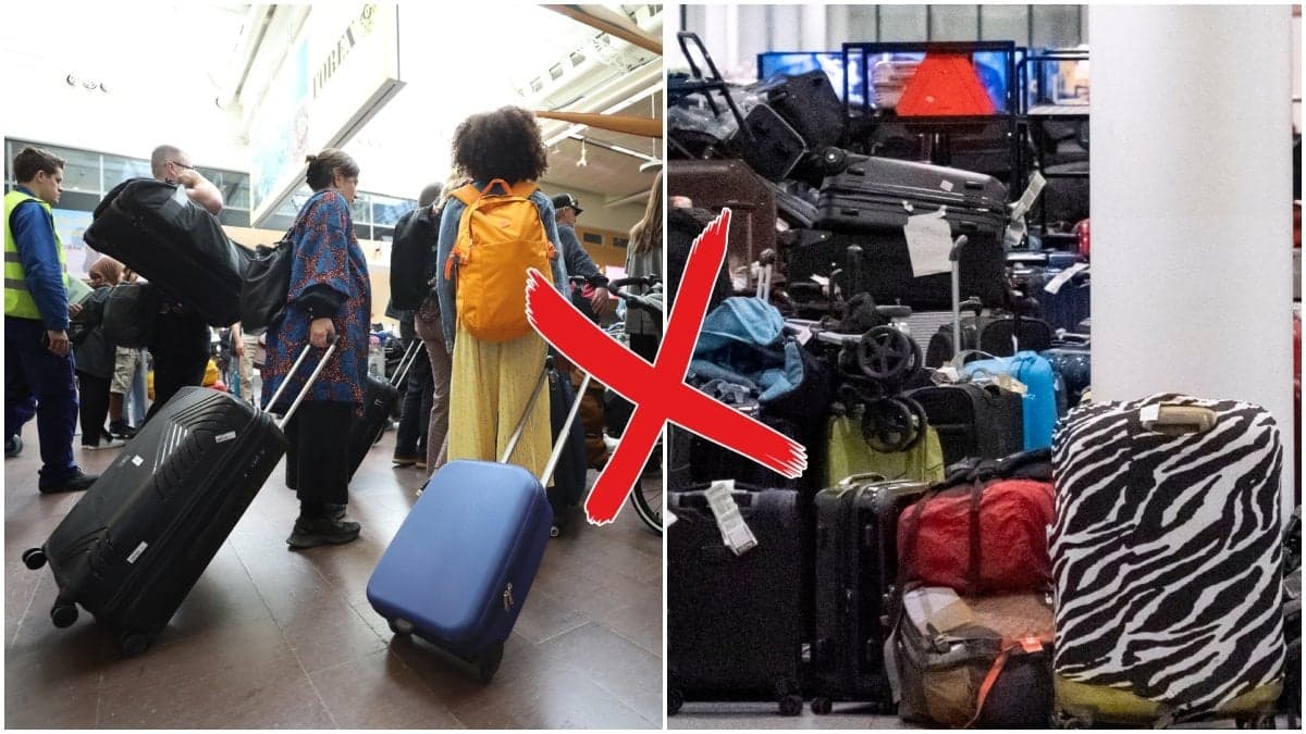 Resenärer i kö på Köpenhamns flygplats och Resväskor på Arlanda