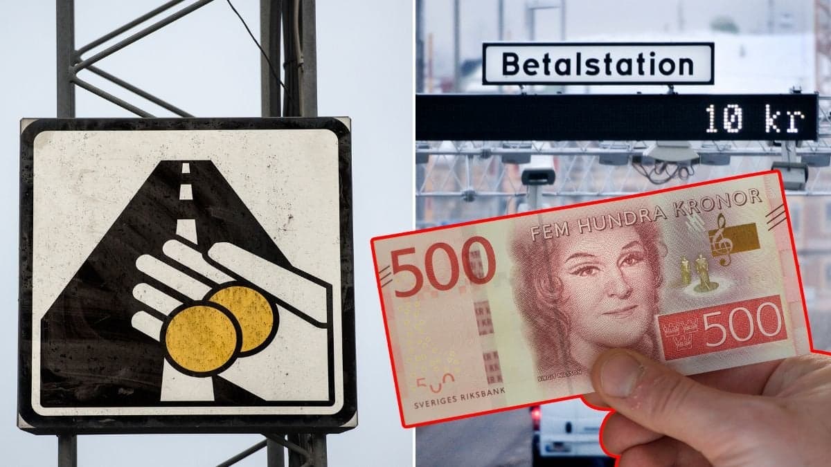 Skylt för trängselskatt, betalstation och en hand som håller i en femhundralapp.