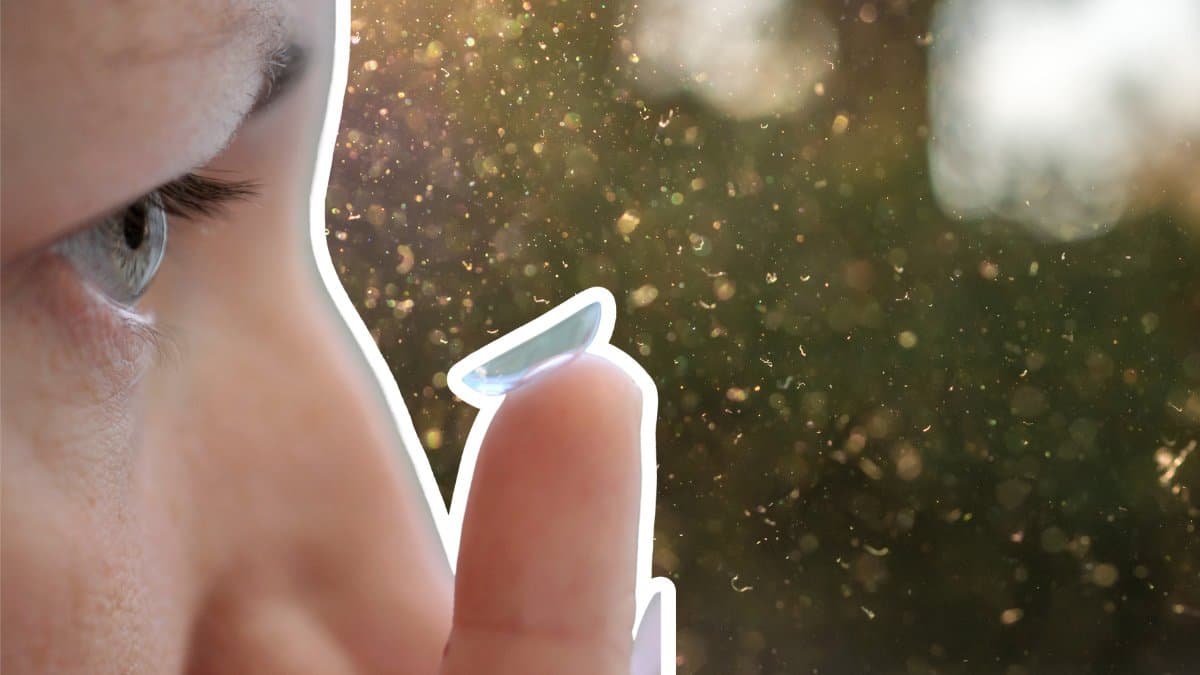 Pollen som flyger i luften i bakgrunden. en utklippt bild på en kvinna i profil som ska sätta in en kontaktlins vänster.