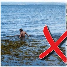 Pojke simmar i sjö och man springer med paraply i regnväder.