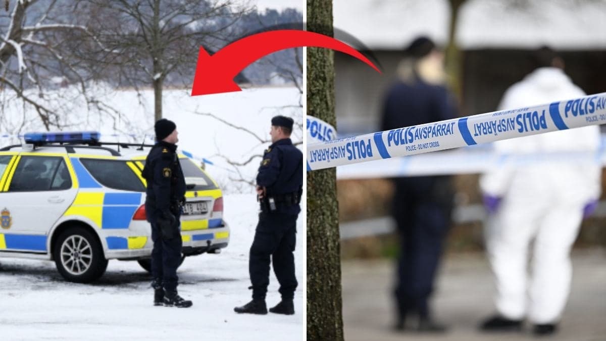 Poliser till vänster framför polisbild. Avspärrningstejp till höger. Röd pil pekar från tejpen till poliserna.