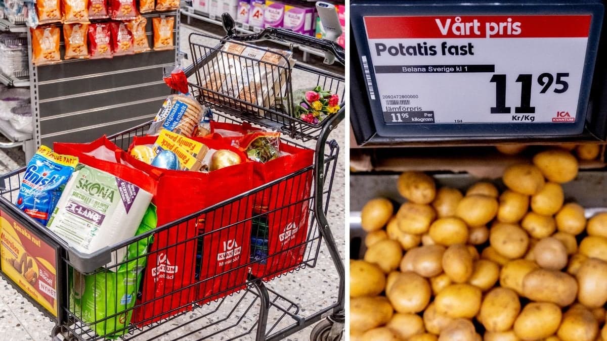 Bilder på en full kundvagn och svensk fast potatis.