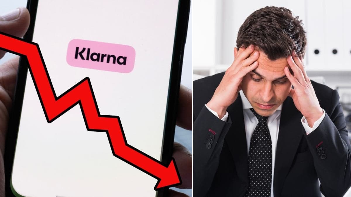 Klarans app, en man med händerna i pannan och en röd graf som indikerar ett börstapp.