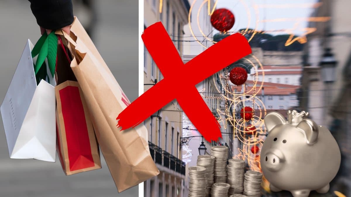 En man shoppar julklappar och en gata som är julpyntad. 