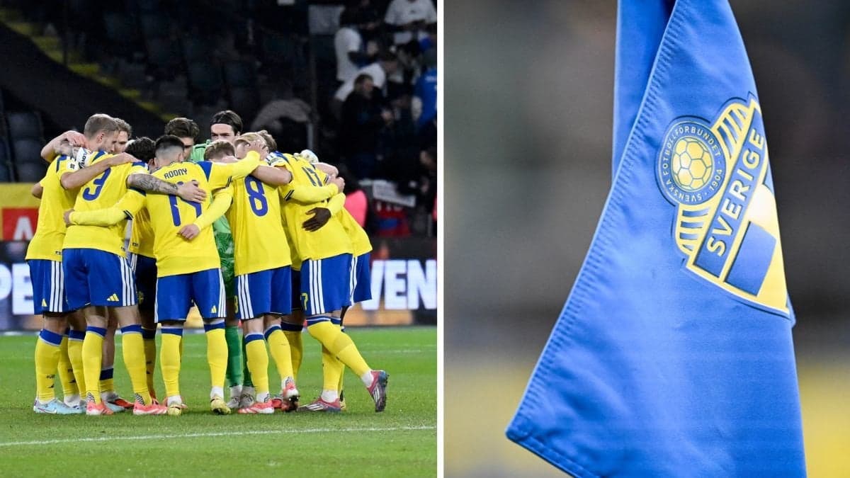 Sveriges fotbolss landslag till vänster, Sveriges förbundflagga till höger. 