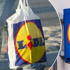 Bilder på Lidl-skylt och Lidl-kasse.