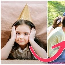 Flicka med partyhatt och flera barn på en picknickfilt