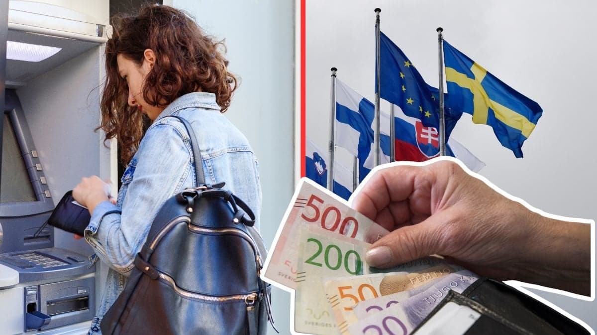 Bankomat, flaggor, pengar.