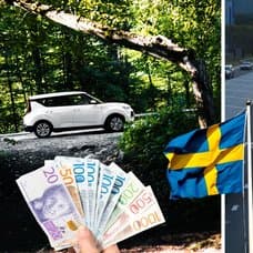Bil som kör i skogen och bilväg.