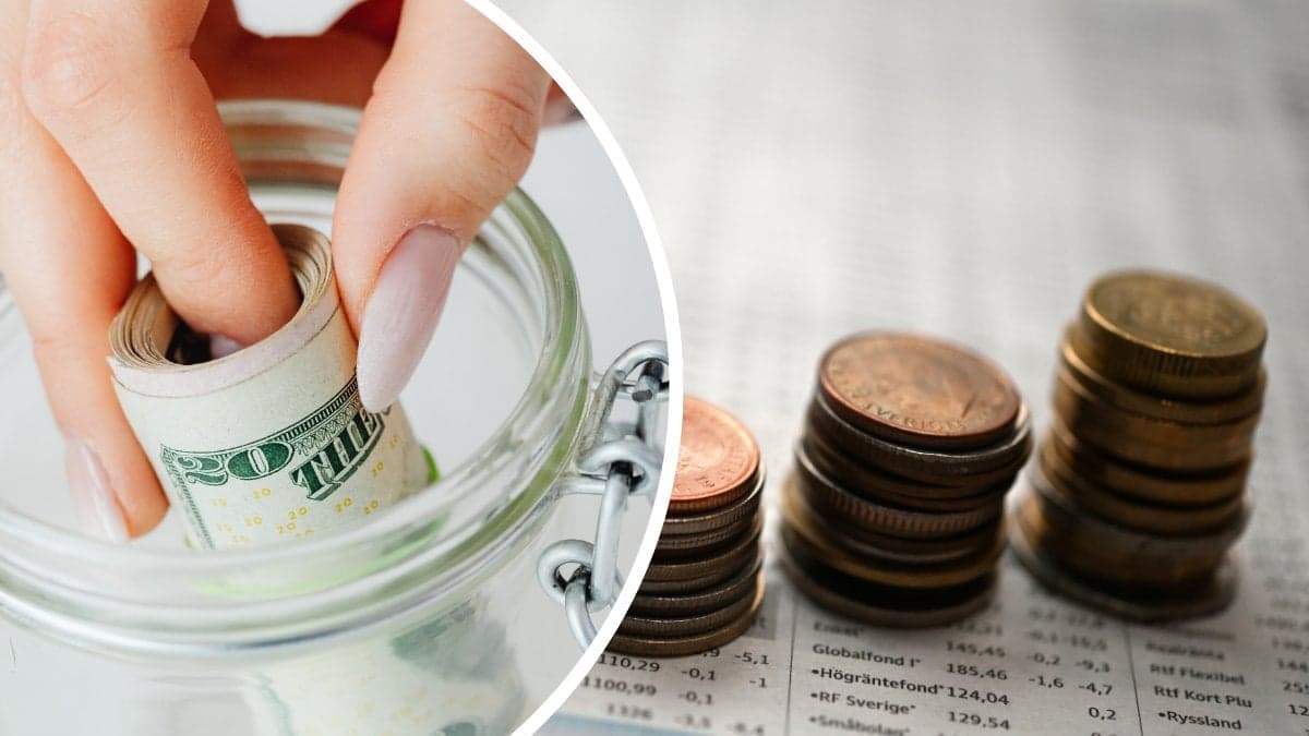 Person lägger en sedelbunt i en burk vänster. Mynthögar till höger.
