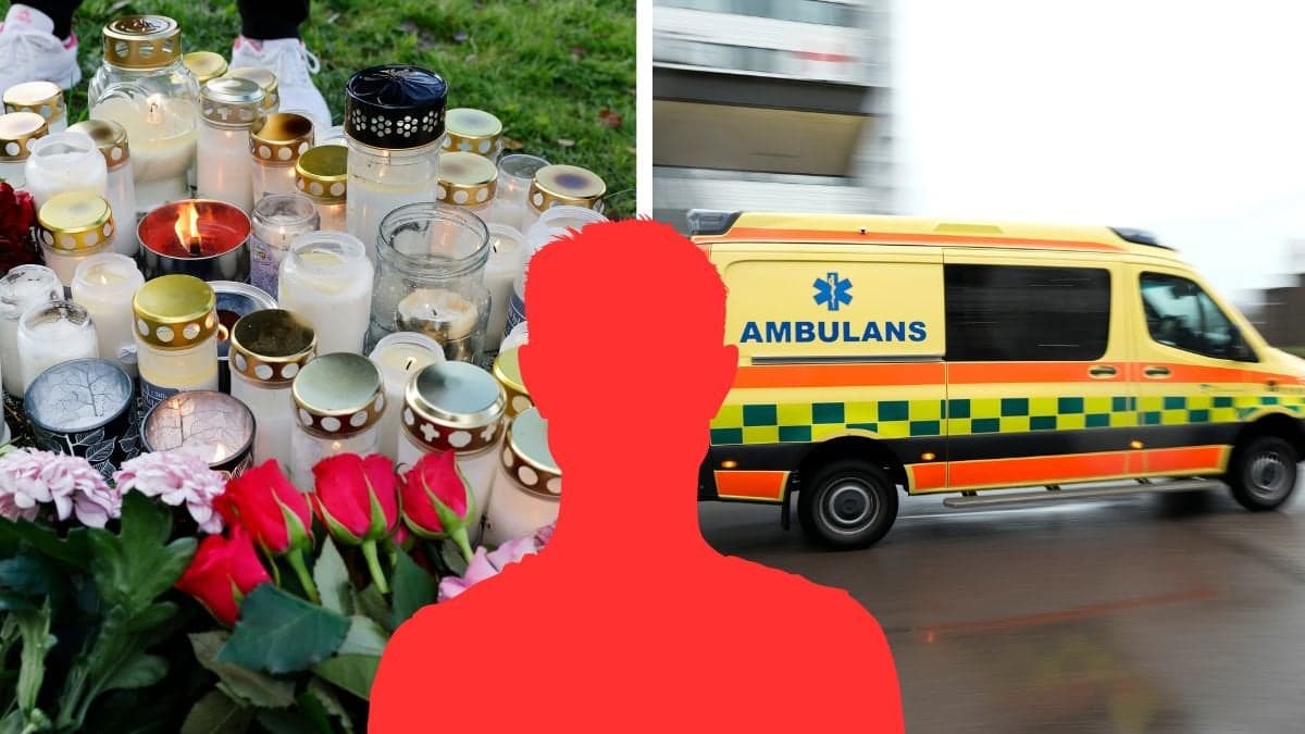 Blommor på minnesplatsen för ambulanssjuksköterskan till vänster. En ambulansbil till höger. En röd siluett av en man i mitten. 