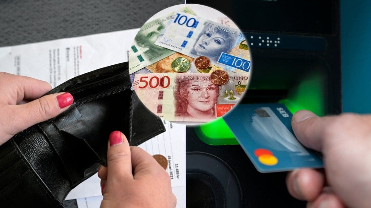 Plånbok, pengar och bankomat.