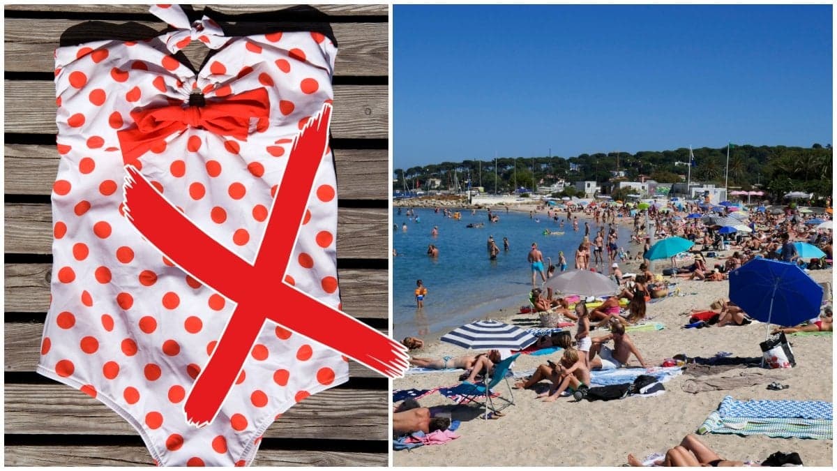 en prickig baddräkt och en strand med mycket folk.