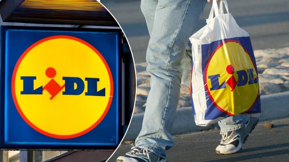 Bilder på en Lidl-skylt och en Lidl-kasse.
