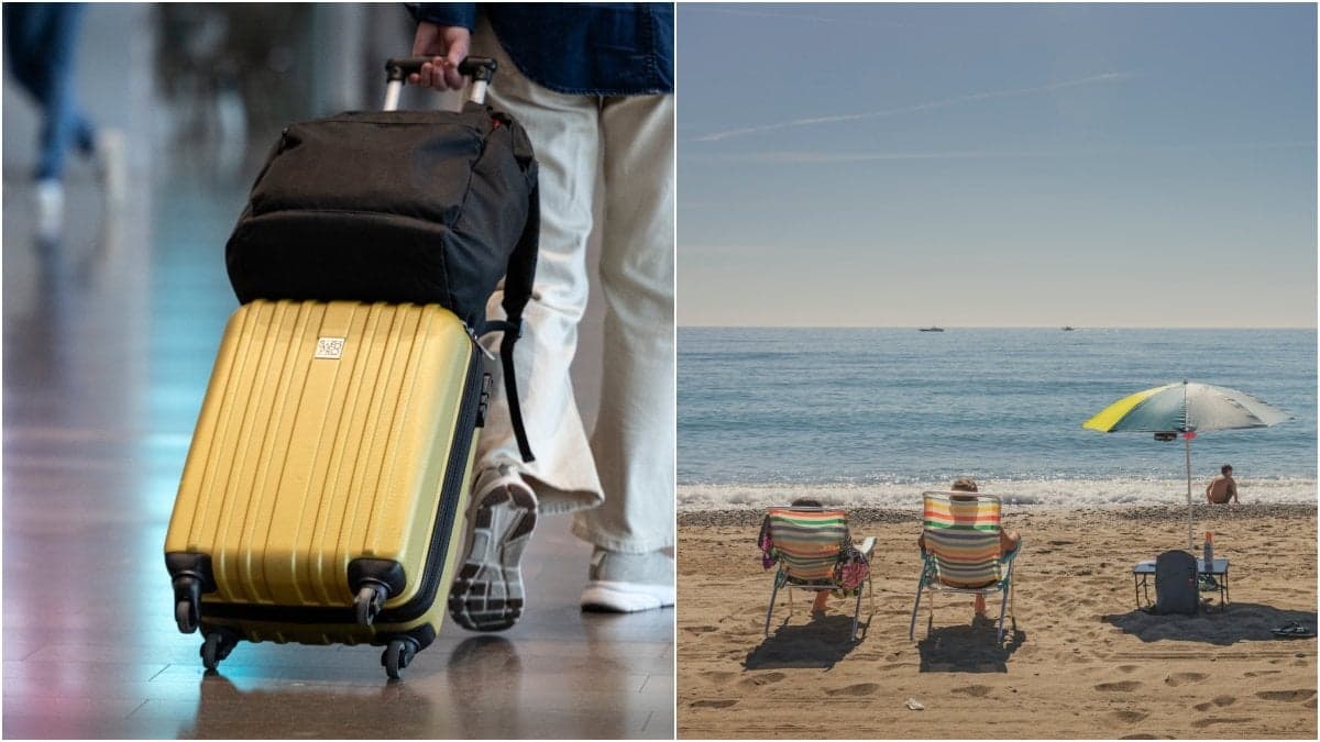 Resväska på flygplats och turister på strand.