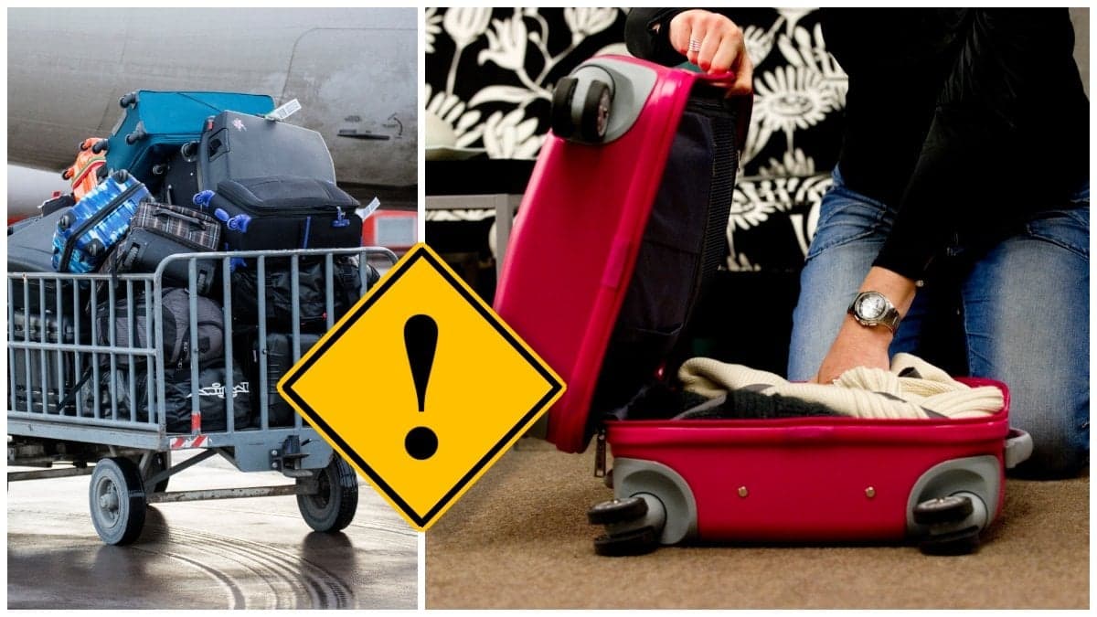 Resväskor på en vagn utanför ett flygplan och en person som packar en resväska