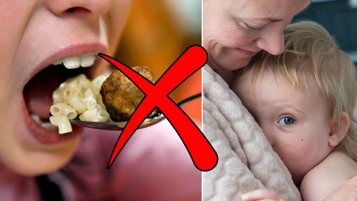 Barn äter mat, ett rött kryss och en mamma som kramar sitt barn