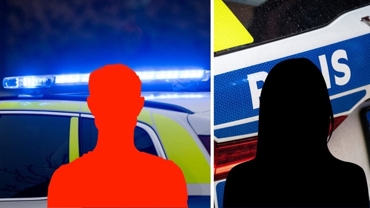 Blåljus vänster, polisbil höger. Röd siluett man vänster, svart siluett kvinna höger.