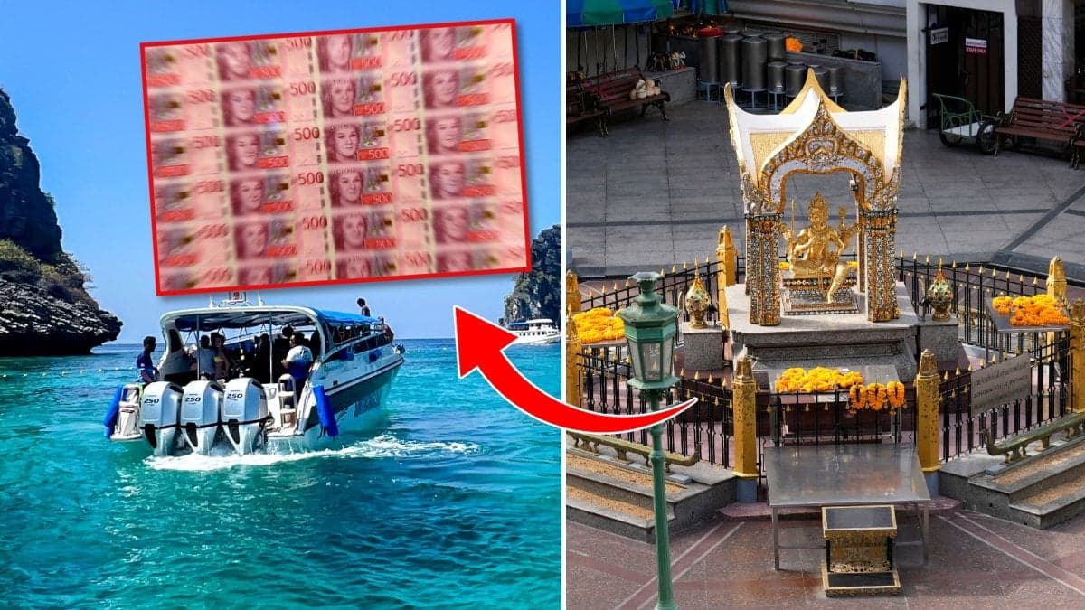 Turister på båt och attraktion i Bangkok, Thailand. 