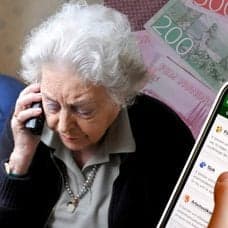 Kvinna, mobiltelefon och pengar.