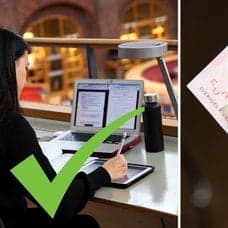 Bild på student och dator samt plånbok med sedlar