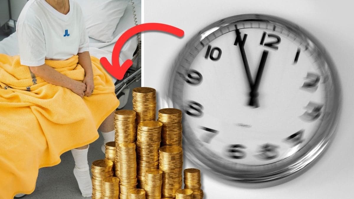 Sjuk patient på sjukhussäng och en klocka.