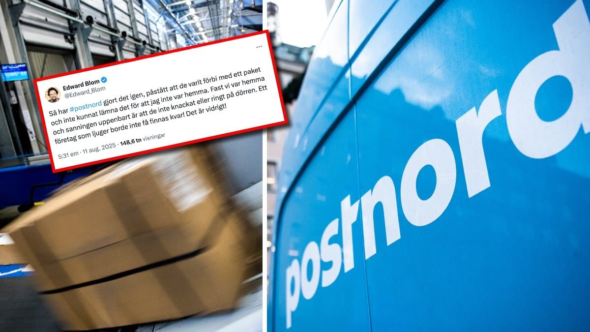 Ett paket på ett rullband och en blå lastbil med Postnord.