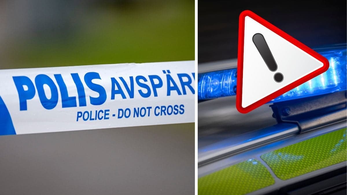 polistejp till vänster. Blåljus till höger.