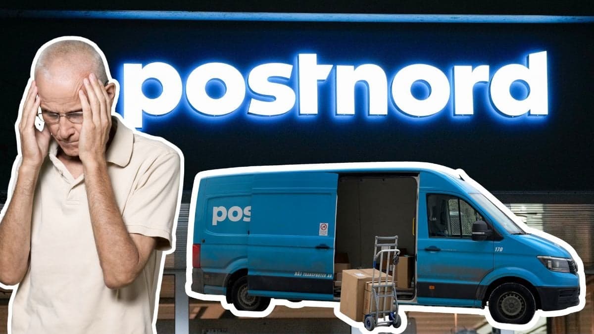 En man, Postnords bil och deras logga.