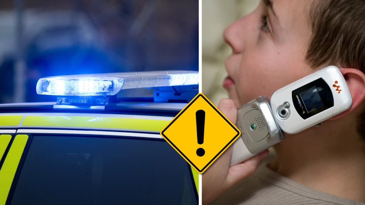 Polis och barn som pratar telefon.