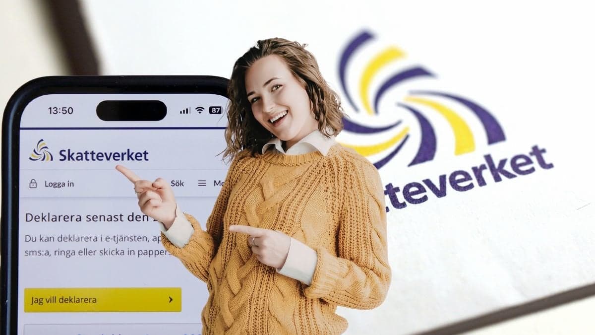 Kuvert från Skatteverket, Skatteverkets app med deklarationstjänst och en kvinna som pekar på appen.